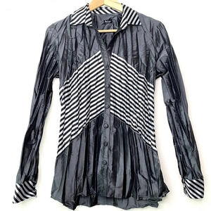 Beluva San Francisco Pleated Button Down Shirt Blouse Black White Striped XS
